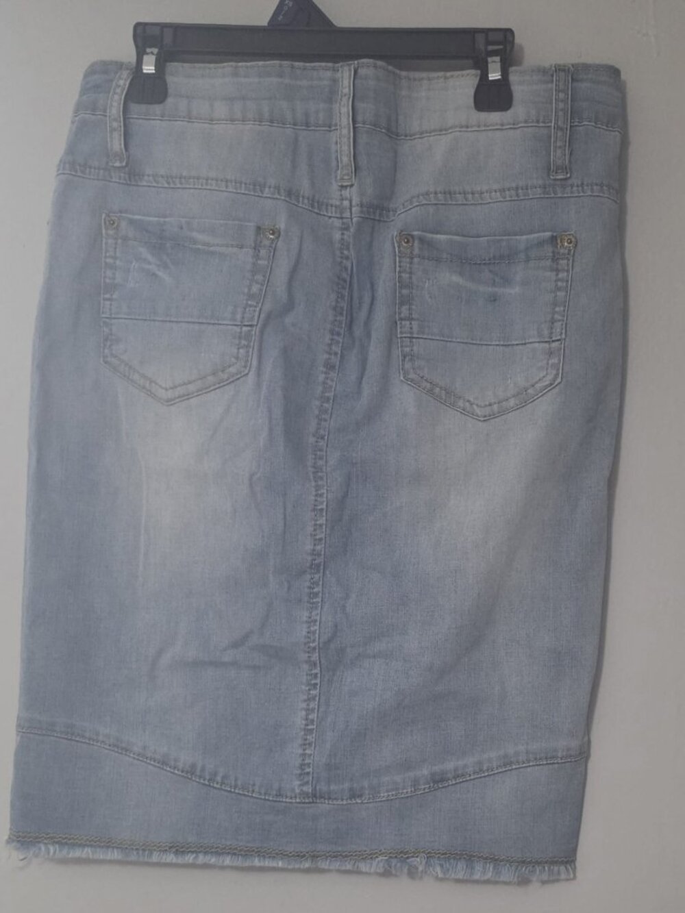 Women's Light Wash Distressed Denim Pencil Skirt with Pearl Embellishments